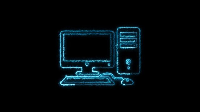 Futuristic neon glowing computer pc and mouse outline animation for technology and digital concepts.