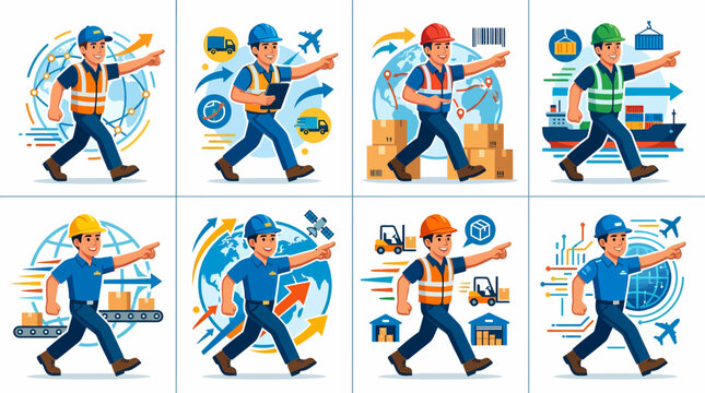 Logistics worker pointing, global shipping and delivery services