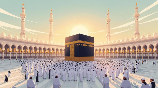 showcasing a serene wide-angle view of the Grand Mosque in Mecca gathered around the Kaaba vector illustration background