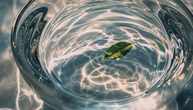 容器の中に葉っぱが一枚沈んでる水の中