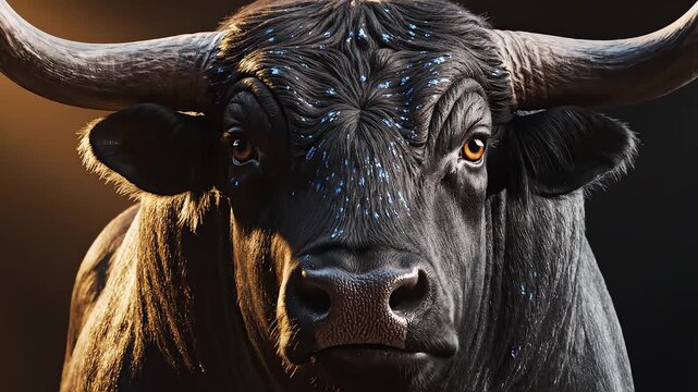 Closeup of a black bull with glowing horns