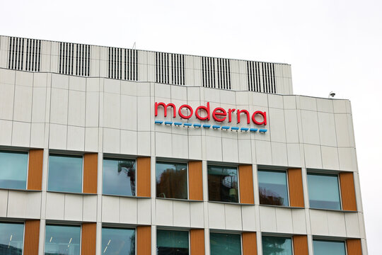 Cambridge, Massachusetts, USA &ndash; headquarters building of Moderna, a biotechnology company known for its mRNA technology and vaccines, located in Kendall Square.