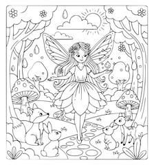 Naklejka premium Coloring page of a magical forest fairy with a fox and rabbit and deer