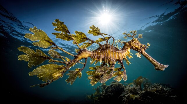 A striking underwater close-up of a leafy sea dragon swimming beneath the sunlit ocean surface