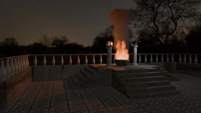 3d modeling animation with a scene of a constant fire in a stone pan between two columns of an ancient temple.