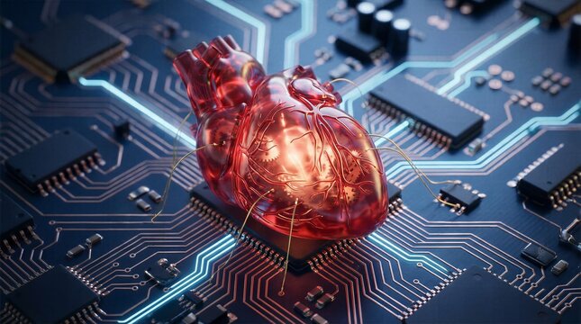 Futuristic mechanical red heart beating on a computer motherboard with glowing circuit traces
