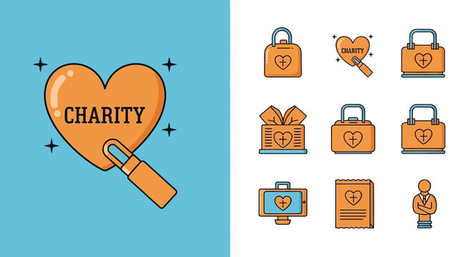 charity icons with heart and lock.