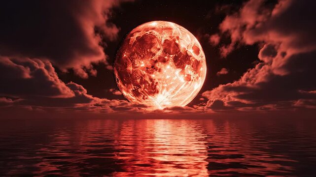 Glowing red moon over water