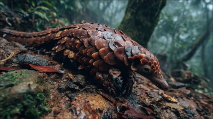 Obraz premium A Close Crop of a Pangolin Walking Over Damp Forest Ground