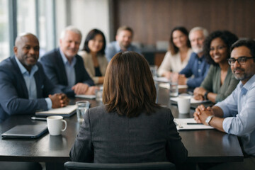 Fototapeta premium A diverse group of professionals engage in a meeting around a wooden table, fostering collaboration and problem-solving in a corporate setting.