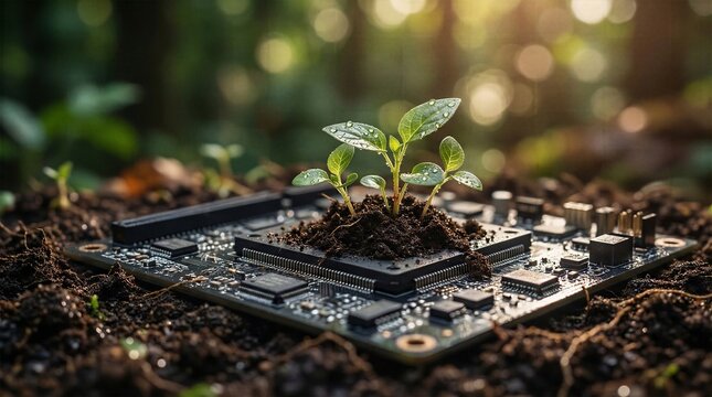 Multiple green seedlings sprouting from dark soil covering a computer motherboard in natural forest