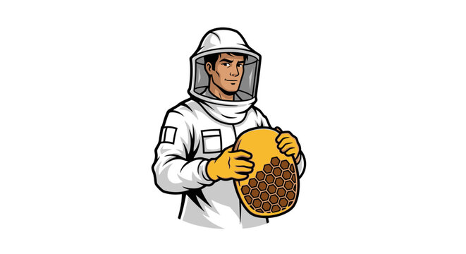 Beekeeper in protective white suit.