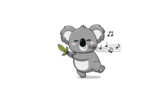 Happy cartoon koala dancing and listening to music with musical notes floating in the air on a white background.