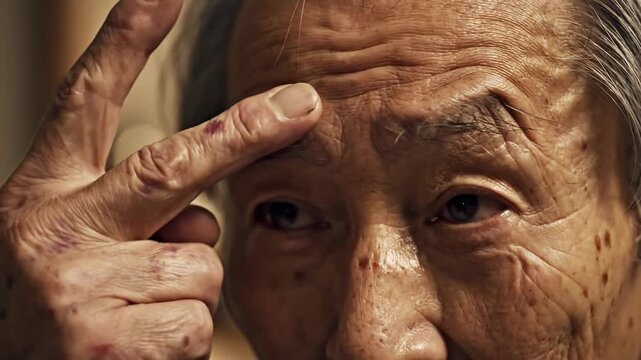 Close-up of elderly man's wrinkled face and hand touching forehead, deep thought