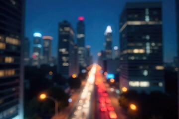 Obraz premium A blurred cityscape at night, softly lit windows in high-rise buildings, suggesting a bustling urban background ideal for website design or app interface , design, contemporary
