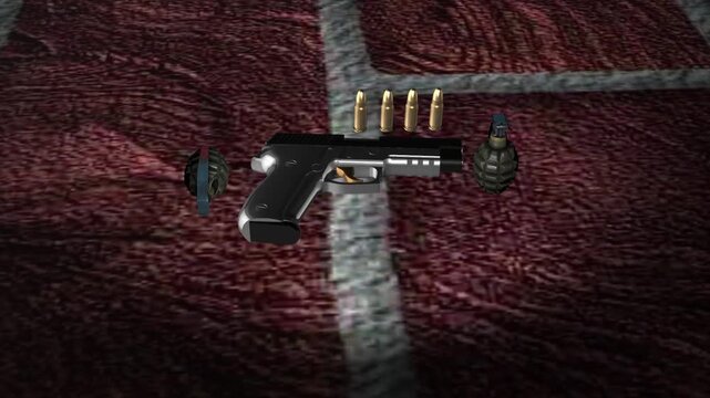 Black Handgun with Bullets and Grenades on Textured Red Surface