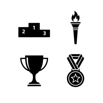 Minimal black sports award icons, podium winner torch trophy and medal vector EPS silhouettes for competition results