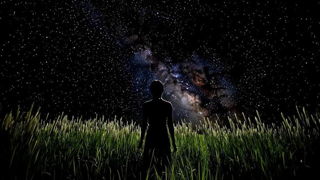 Boy stands in tall grass looking at night stars concept. Silhouette of person standing in tall grass field under night sky with stars peaceful nature scene