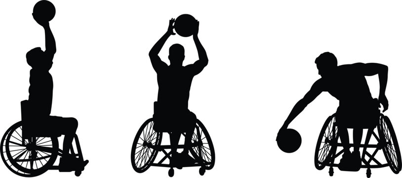 Silhouette of disabled athletes playing wheelchair basketball, set of players with ball and chairs