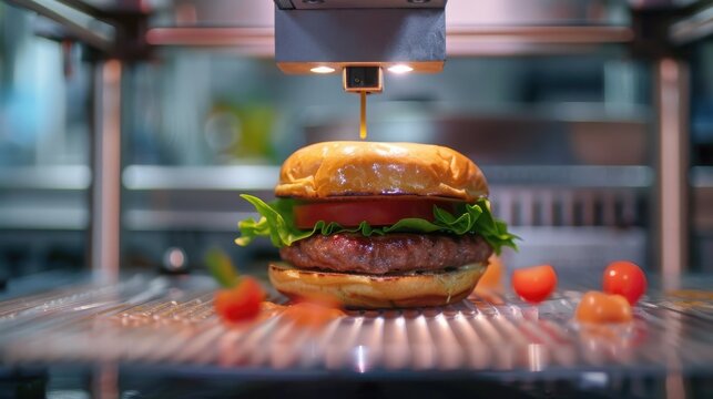 3d printer assembling a burger layer by layer with melted cheese on a grill