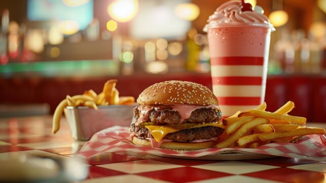 Classic american diner meal with juicy double cheeseburger crispy fries and creamy milkshake on red checkered table