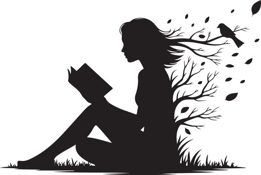 Black silhouette woman sitting reading book with tree and bird