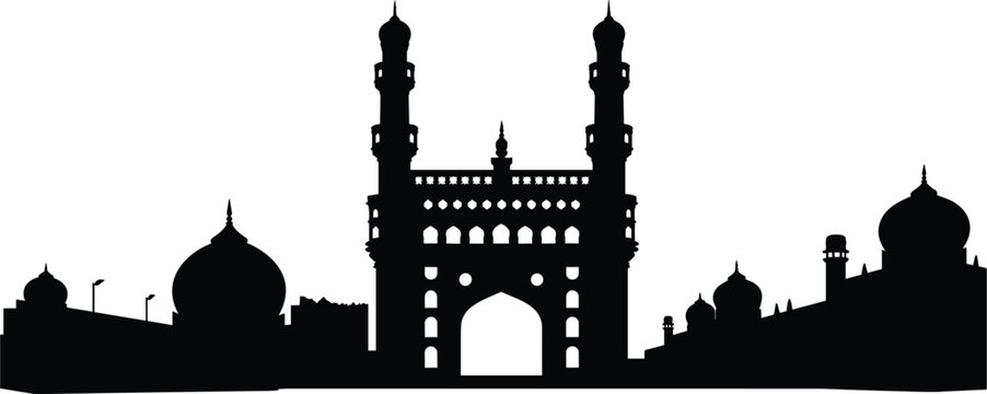 Black silhouette of Charminar monument and Hyderabad city skyline landmarks