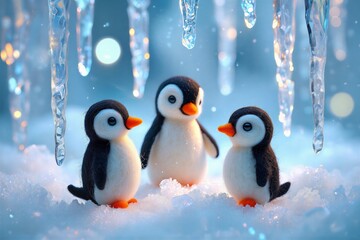Fototapeta premium Three Adorable Baby Penguins Standing Together in a Snowy Winter Wonderland with Icicles Overhead
