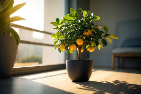 Potted Dwarf Orange Tree with Ripe Fruit Bathed in Sunlight