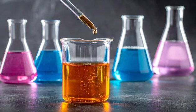 A scientific research laboratory featuring glass test tubes and a beaker filled with colorful liquid for chemistry analysis and medical experiments