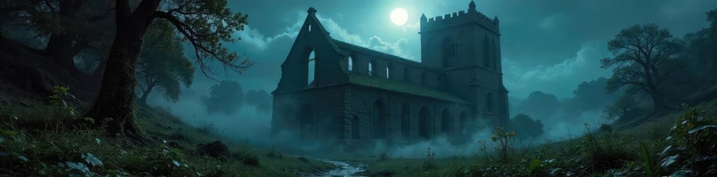 A crumbling gothic cathedral shrouded in mist, moonlight illuminating ancient, overgrown stones and shadowed arches Secrets and shadows linger in this forgotten place , door, faith, fantasy