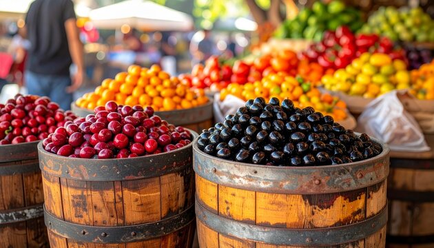 A vibrant market stall displays a bounty of fresh organic vegetables and ripe fruits, featuring a healthy variety of green produce, red tomatoes, and orange citrus arranged at a natural grocery stand