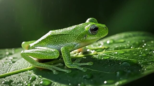 Green Tree Frog Sitting on Leaf During Tropical Rain Shower
