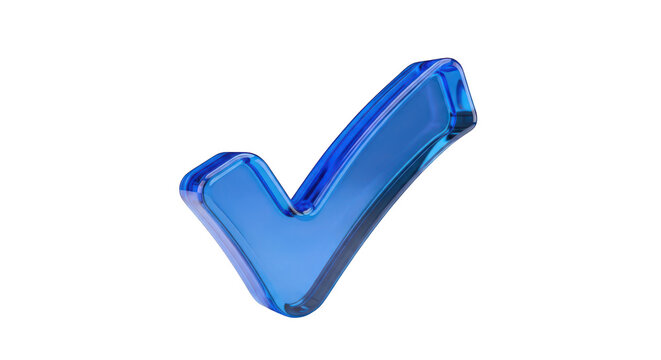 A shiny blue glass check mark symbol representing a successful task completion or positive approval