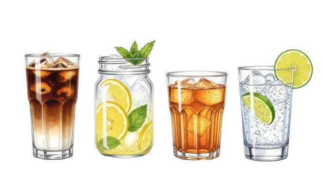 high-quality watercolor illustration of iced coffee, yellow lemonade, iced tea, and sparkling water in four distinct clear glasses on a transparent background with copy space. concept for beverage