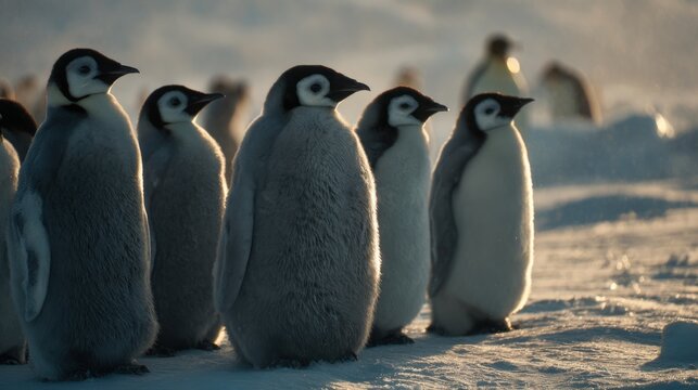 A group of emperor penguins huddles together on the icy terrain of Antarctica