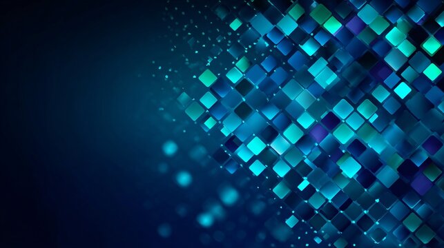 Abstract Mosaic Particles, Digital Square Pattern Animation, Futuristic Technology Background, Blue Glow, Pixel Data Flow, Square Particle Motion, Cyber Technology Concept, Dynamic Background.