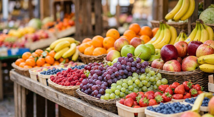 Obraz premium Fresh colorful fruits displayed at a local market stall, close-up assortment of ripe seasonal fruits on a fruit stand, natural daylight, vibrant healthy food concept, farmers market produce