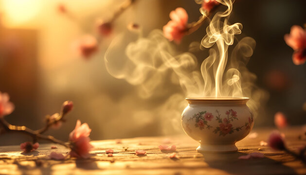 Close-up of decorative incense burner with smoke