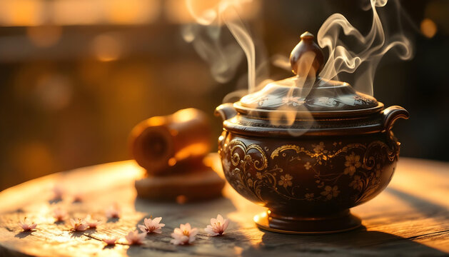 Close-up of decorative incense burner with smoke