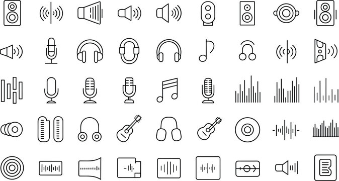 Black  line of audio equipment and music symbols line speakers