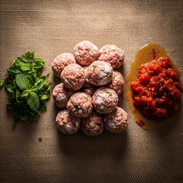 : A ceramic dish filled with traditional fried Greek keftedakia meatballs simmered in a rich, spiced tomato sauce, garnished with fresh parsley and herbs.