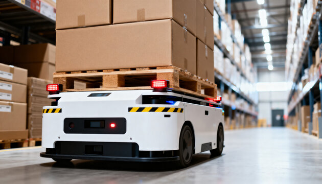 An autonomous mobile robot carrying stacked cardboard boxes on a pallet moves through a modern warehouse facility, highlighting automated logistics.