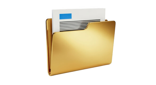 A shiny golden folder containing a single white document with a blue header and black text lines