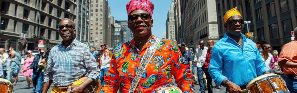 A vibrant parade with joyful musicians celebrating culture through colorful attire and rhythmic drumming in an urban setting.