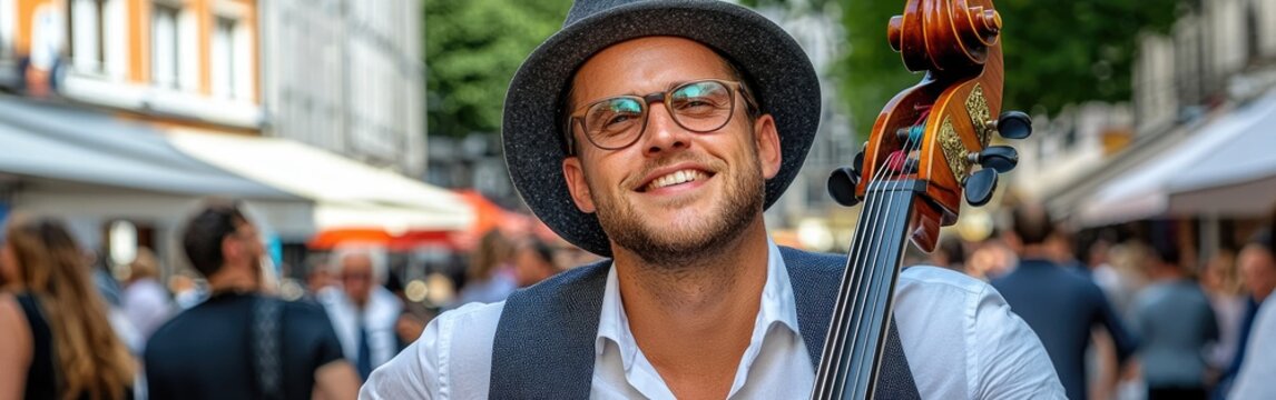 A joyful street musician playing the cello in a lively outdoor market filled with people and vibrant stalls.