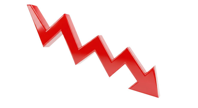 A shiny red three dimensional jagged arrow pointing downwards representing a negative market trend