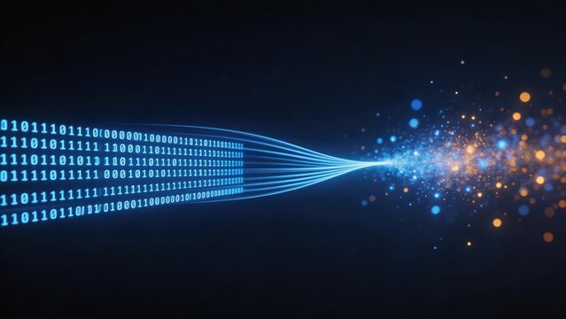 Digital data stream transforming into glowing particles futuristic binary code flow abstract technology background blue and orange light effects cyber security concept network