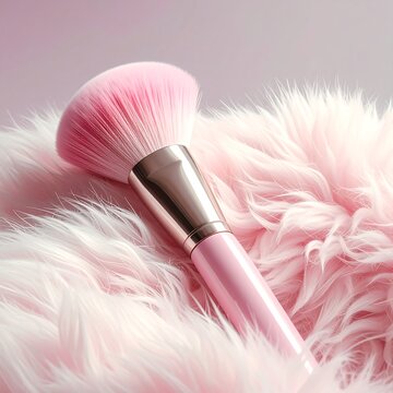 A pink makeup brush with fluffy bristles on a furry surface
