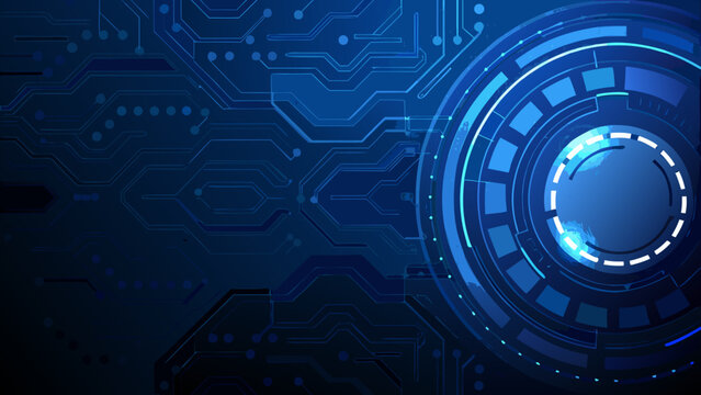 Abstract blue circuit board background with a central glowing circular element